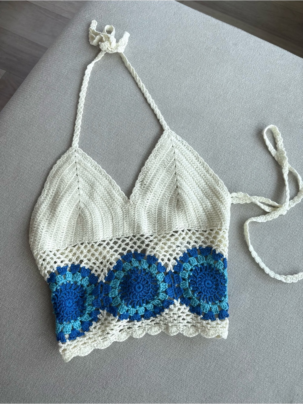Crochet Halter Crop Top with Blue Medallion Detail - White